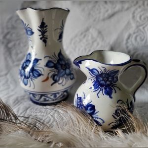 Vintage Platart Spain Hand Painted Blue White Vase & Milk Pitcher Signed. D-129.